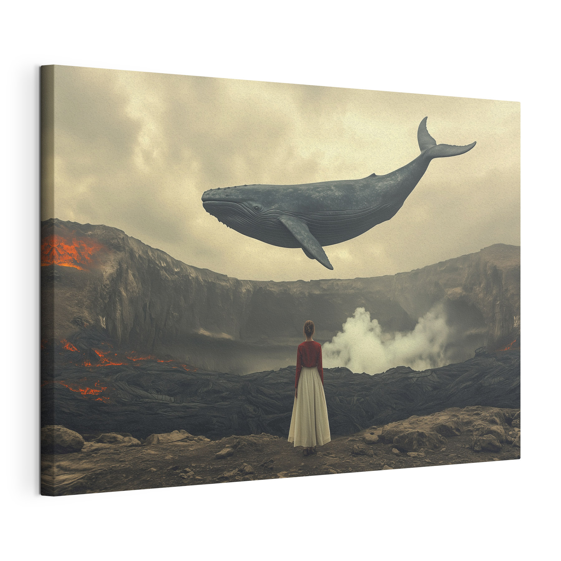Woman looking at a whale flying over a volcano