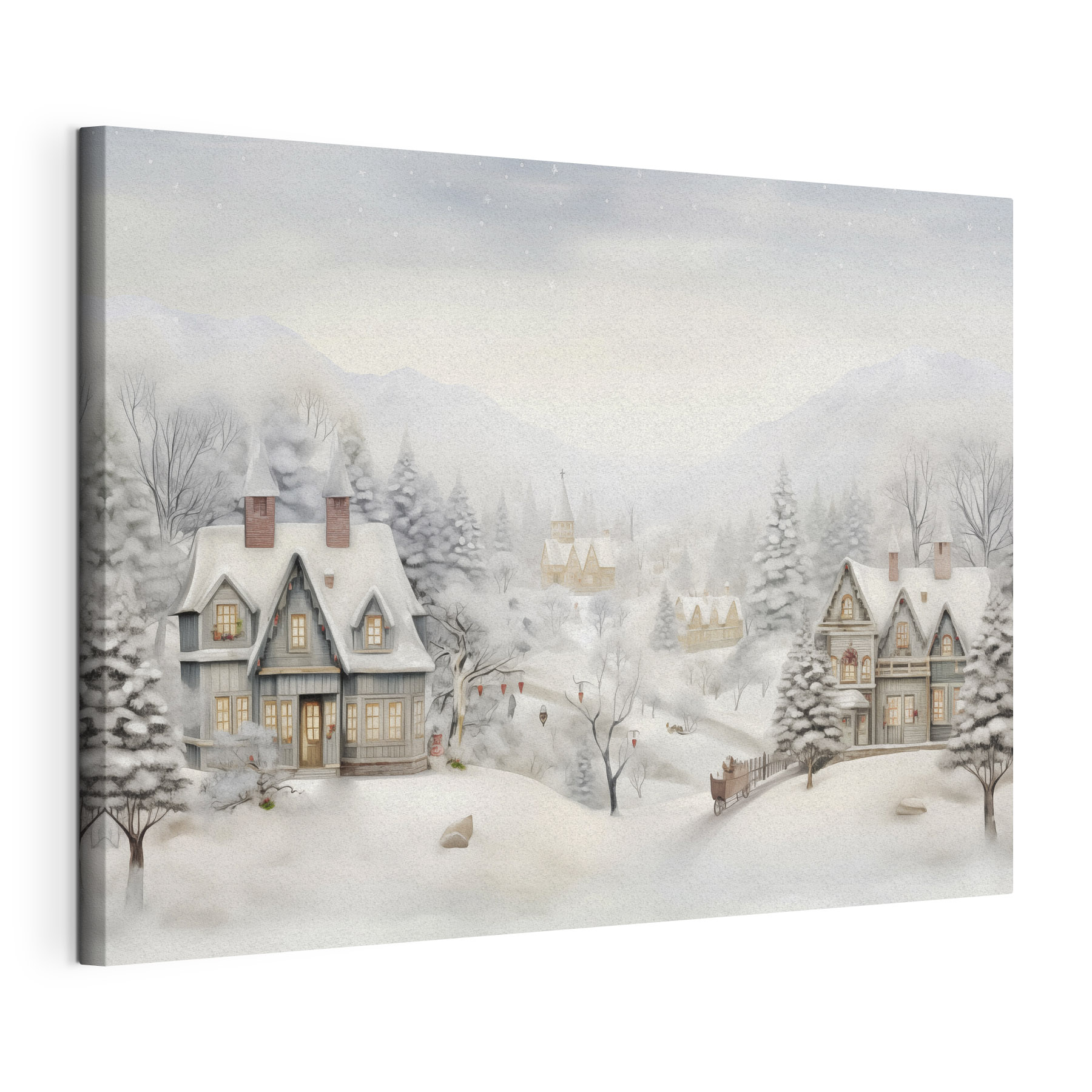 Snowy landscape with houses and trees Snowy landscape with houses and trees
