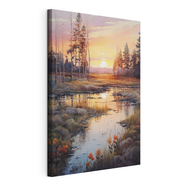 Acquerello raffigurante un fiume con alberi e un tramonto Quadri Acquerello raffigurante un fiume con alberi e un tramonto