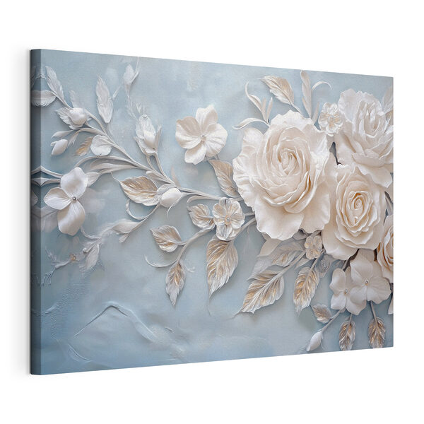 Fiori bianchi e foglie su uno sfondo blu Quadri Fiori bianchi e foglie su uno sfondo blu