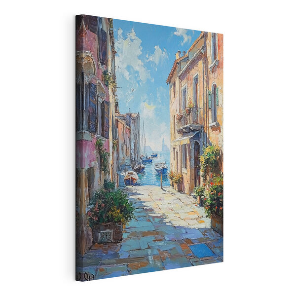Dipinto raffigurante una strada con barche ed edifici Quadri Dipinto raffigurante una strada con barche ed edifici