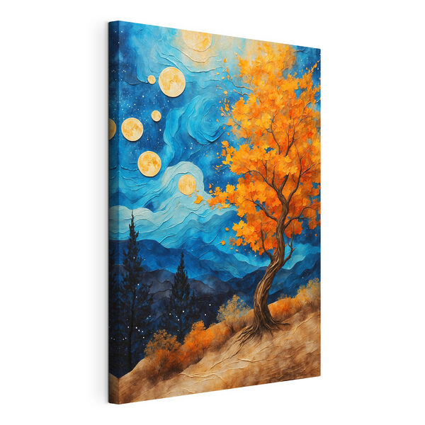 Dipinto raffigurante un albero con foglie arancioni e montagne blu Quadri Dipinto raffigurante un albero con foglie arancioni e montagne blu