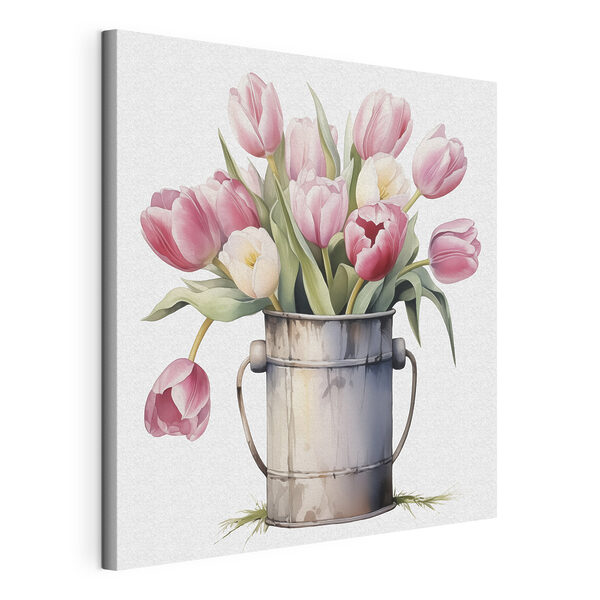 Quadri Quadri Dipinto raffigurante tulipani rosa in un secchio di metallo (COD: s42353)
