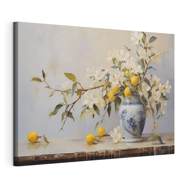 Quadri Dipinto raffigurante un vaso con fiori e limoni