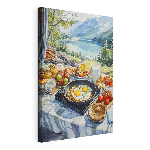 Quadri Una padella con del cibo e una padella con delle uova su un tavolo, con un lago sullo sfondo (COD: s42432) Quadri Quadri Una padella con del cibo e una padella con delle uova su un tavolo, con un lago sullo sfondo (COD: s42432)