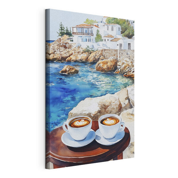 Quadri Due tazze di caffè su un tavolo in riva al mare