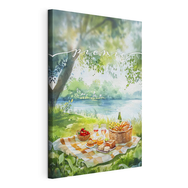 Watercolor painting of a picnic with food and wine on a blanket by a lake Watercolor painting of a picnic with food and wine on a blanket by a lake