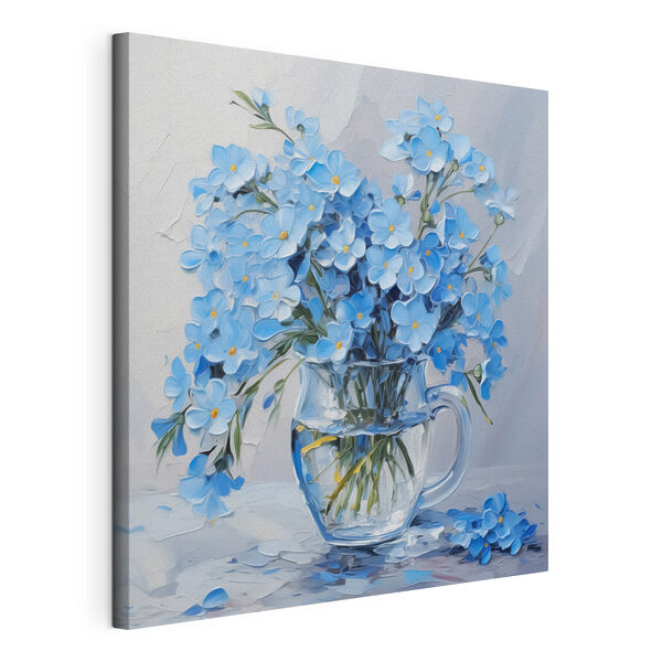 Dipinto raffigurante fiori blu in un vaso di vetro Quadri Dipinto raffigurante fiori blu in un vaso di vetro