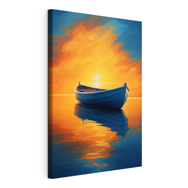 Quadri Barca sull'acqua con il tramonto sullo sfondo