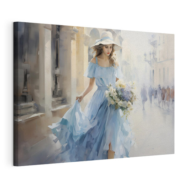 Quadri Donna in abito blu con dei fiori in mano