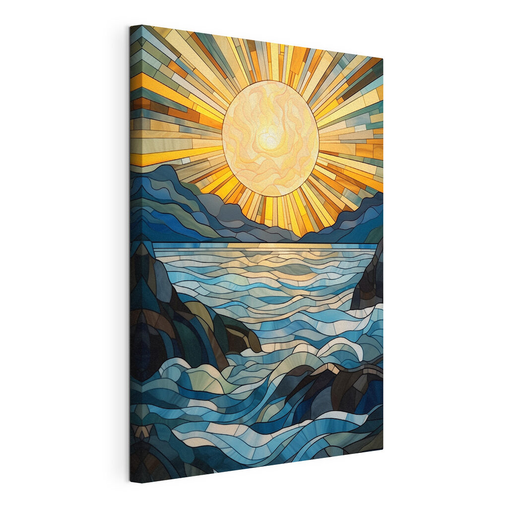 Stained glass window with a sun over a river Stained glass window with a sun over a river