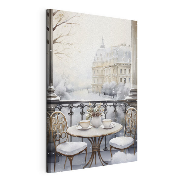 Tavolino con delle tazze e un vaso di fiori, con sullo sfondo un paesaggio innevato Quadri Tavolino con delle tazze e un vaso di fiori, con sullo sfondo un paesaggio innevato
