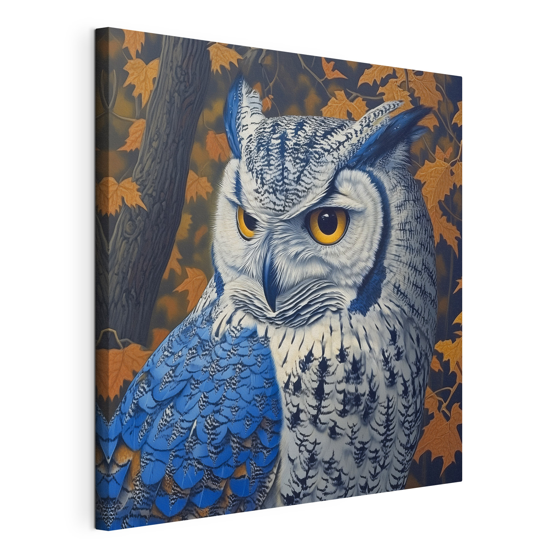 An owl with yellow eyes