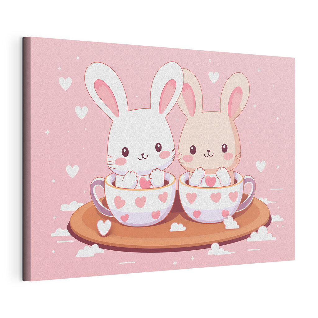 Two cartoon rabbits in tea cups