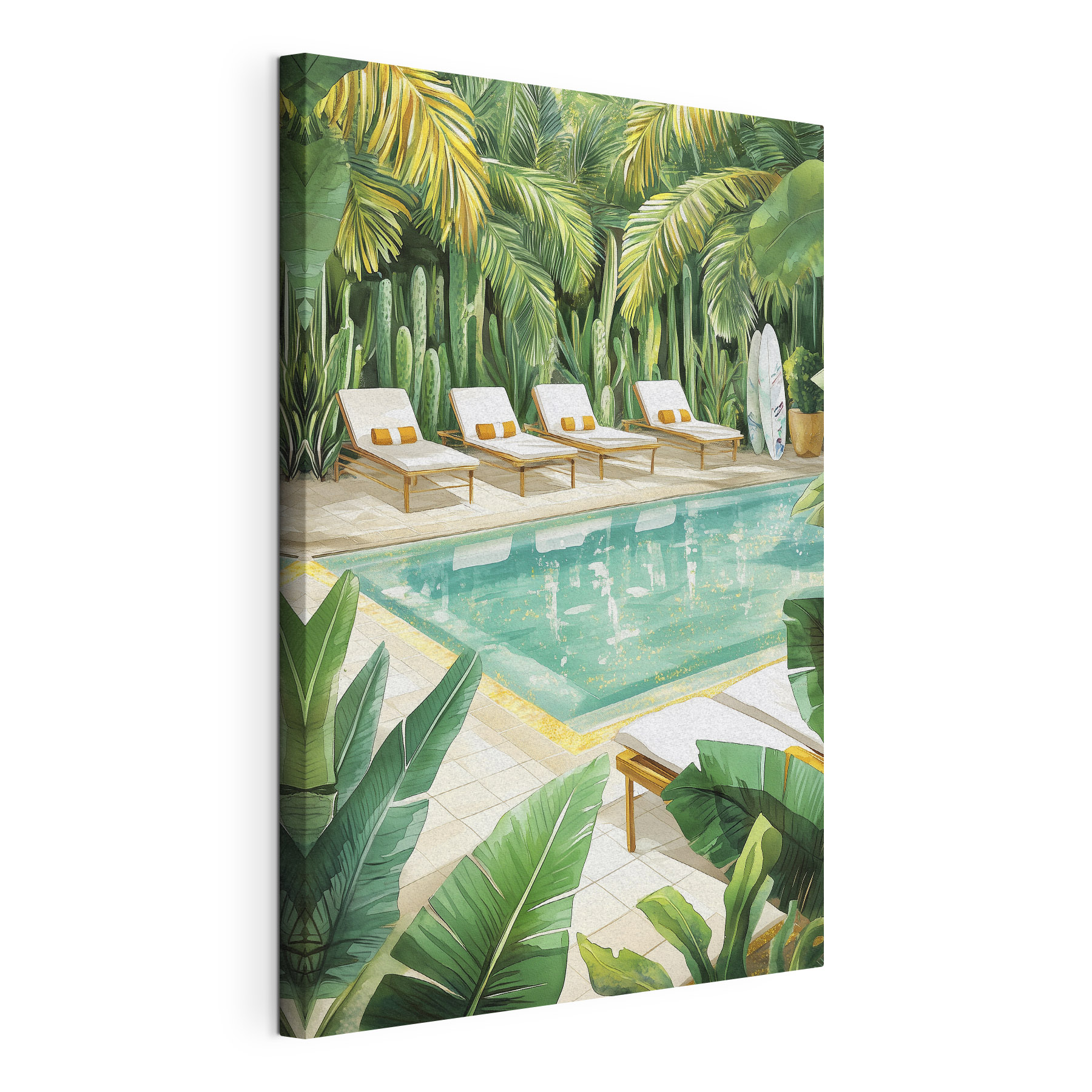 Pool with lounge chairs and surfboards