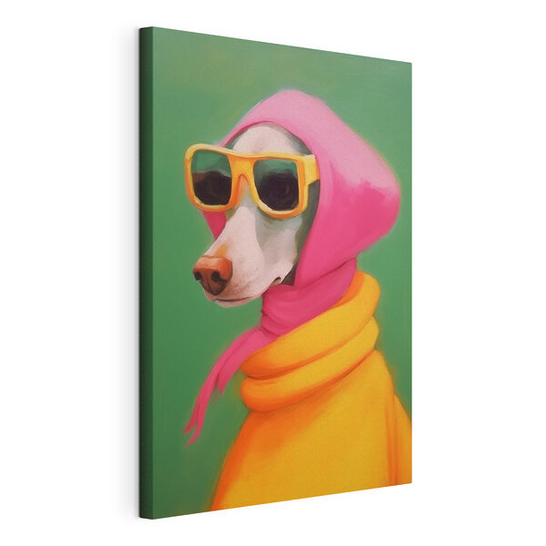 Cane con una sciarpa rosa e occhiali da sole Quadri Cane con una sciarpa rosa e occhiali da sole