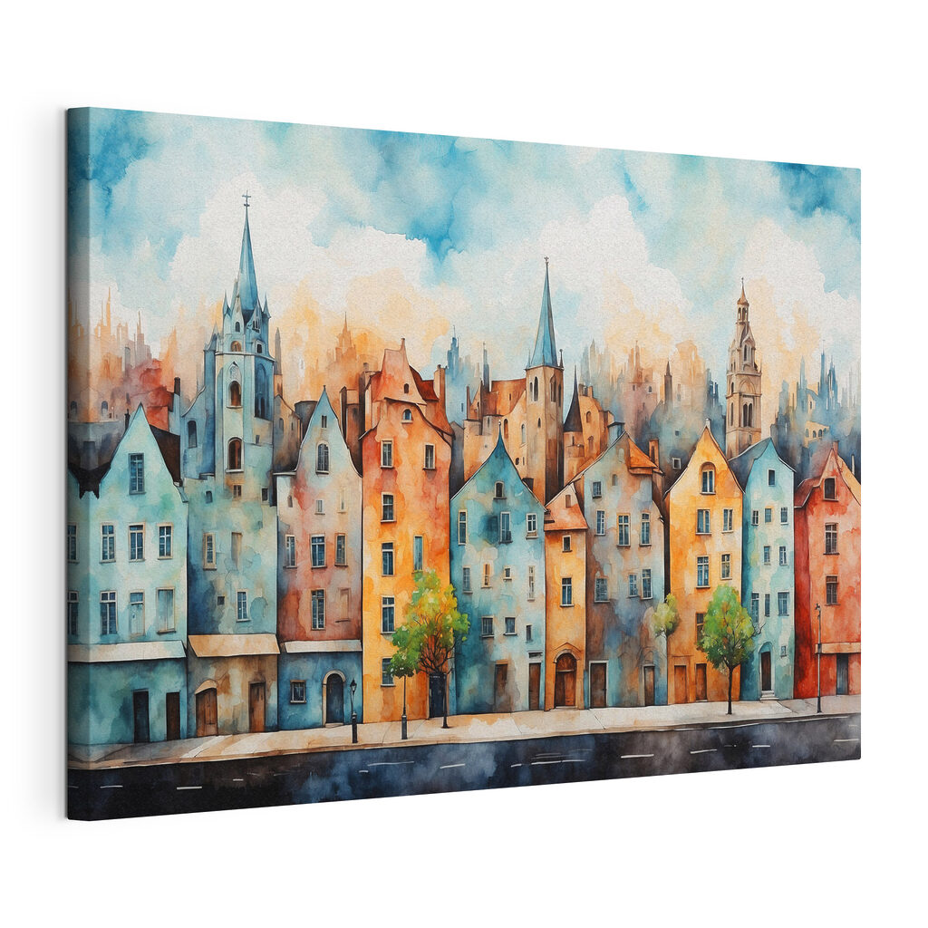 Watercolor of a row of buildings