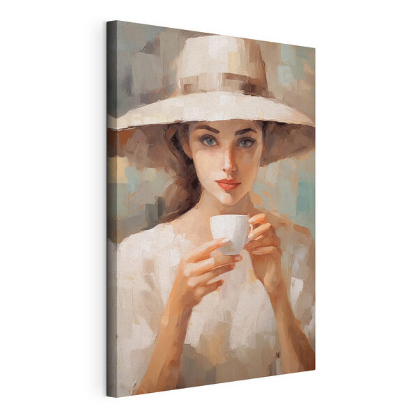 Quadri Donna con un cappello in mano che tiene una tazza (COD: s43938) Quadri Quadri Donna con un cappello in mano che tiene una tazza (COD: s43938)