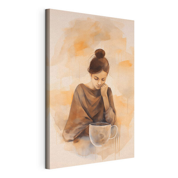 Una donna con la mano sul viso che guarda una tazza di caffè Quadri Una donna con la mano sul viso che guarda una tazza di caffè