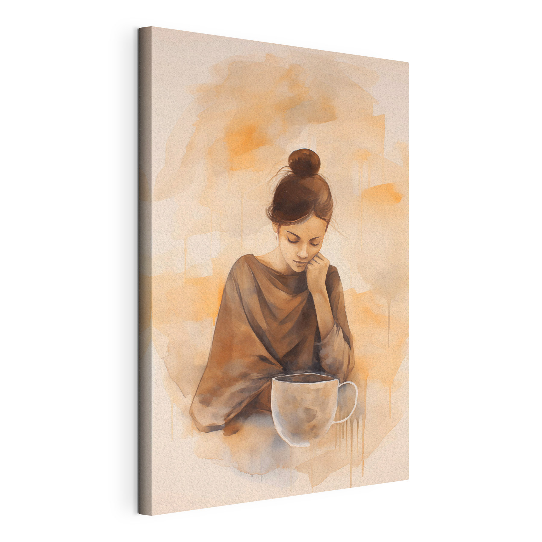 Woman with her hand on her face looking down at a cup of coffee Woman with her hand on her face looking down at a cup of coffee