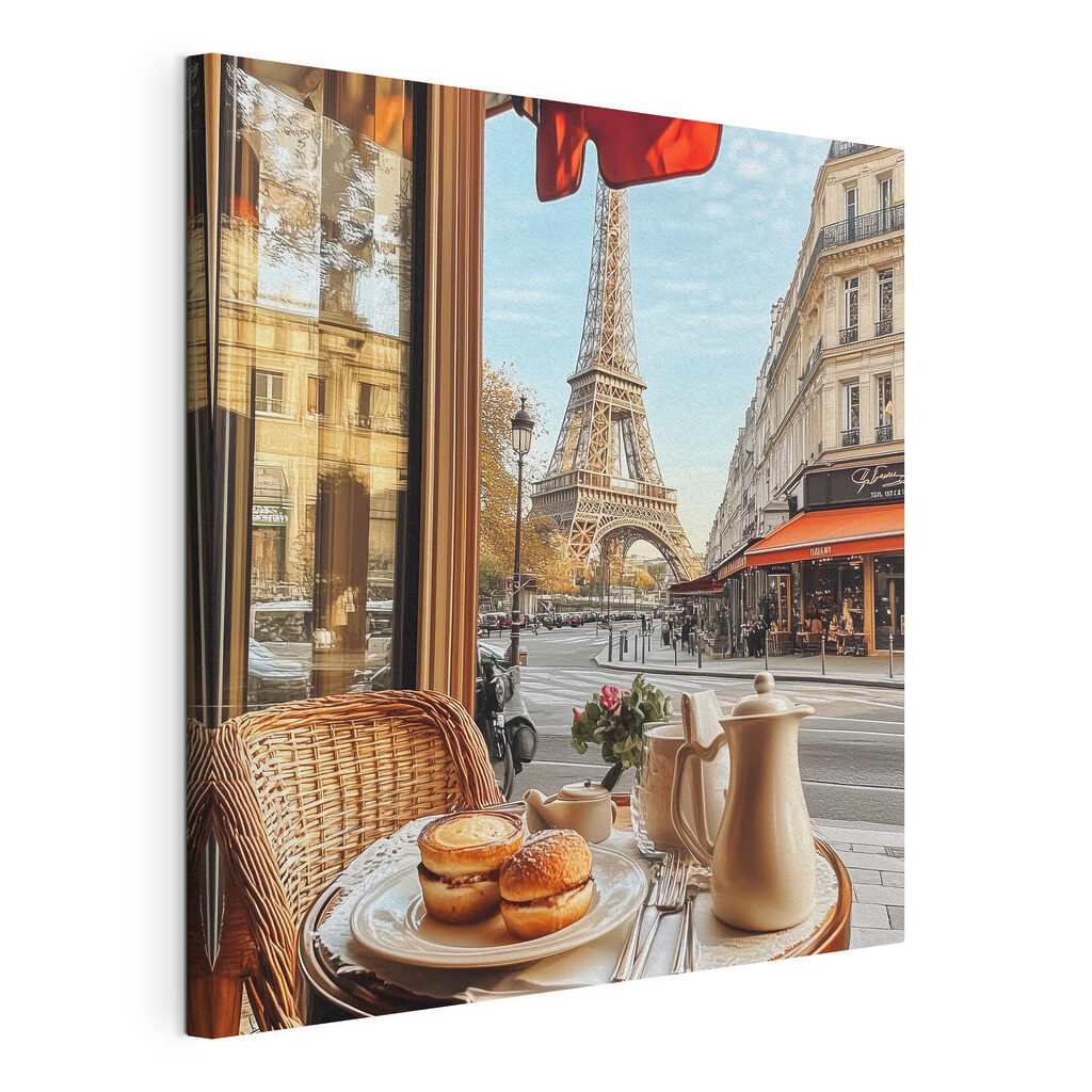 Table with food on it and a table with a tower in the background