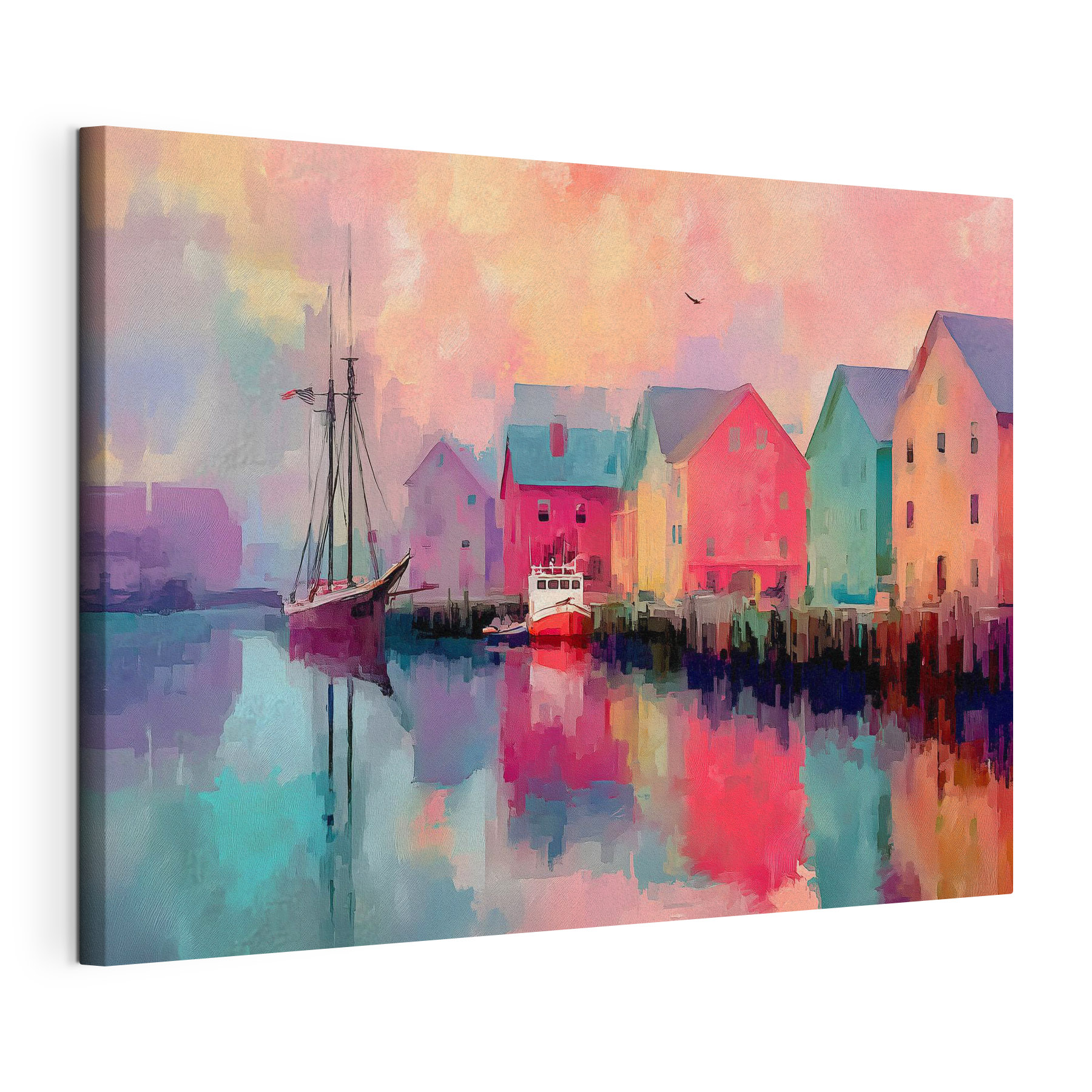 Colorful houses and a boat on the water Colorful houses and a boat on the water