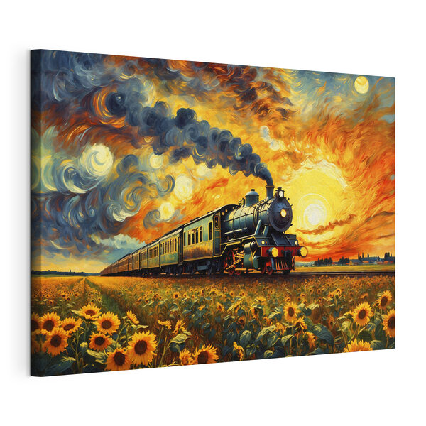 Train on the tracks with sunflowers and smoke coming out of the engine