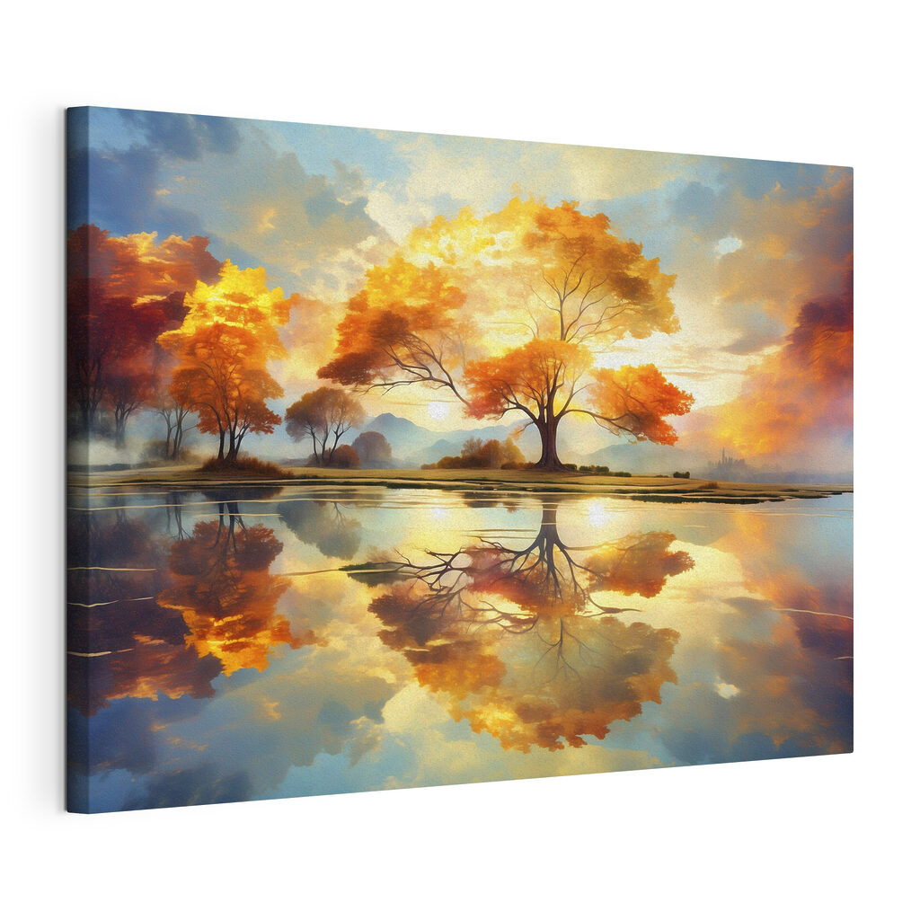 Tree with yellow leaves on the ground and a body of water Tree with yellow leaves on the ground and a body of water