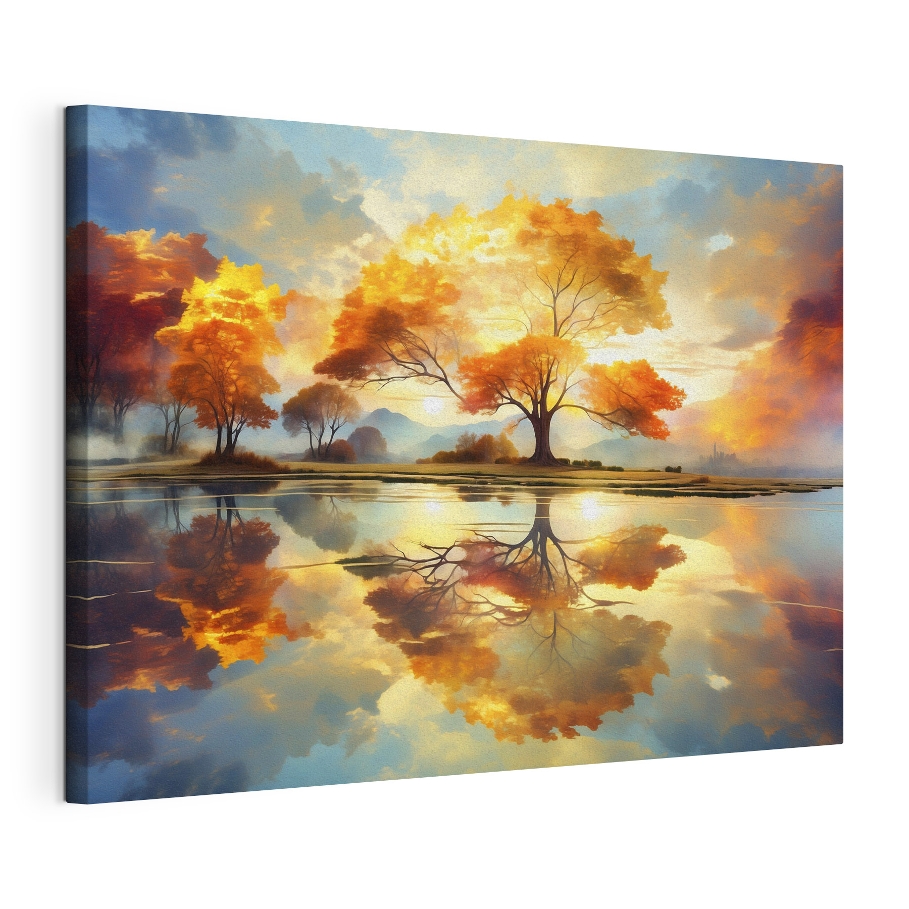 Tree with yellow leaves on the ground and a body of water Tree with yellow leaves on the ground and a body of water