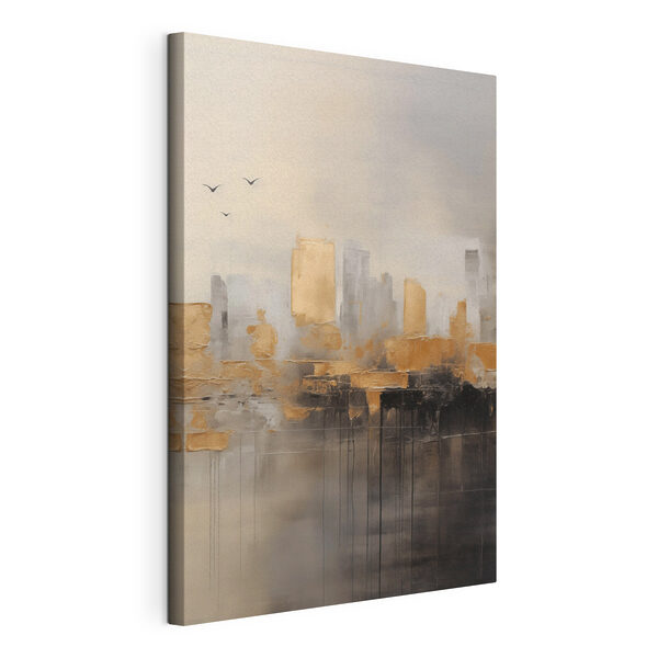 Painting of a city with birds flying in the sky Painting of a city with birds flying in the sky
