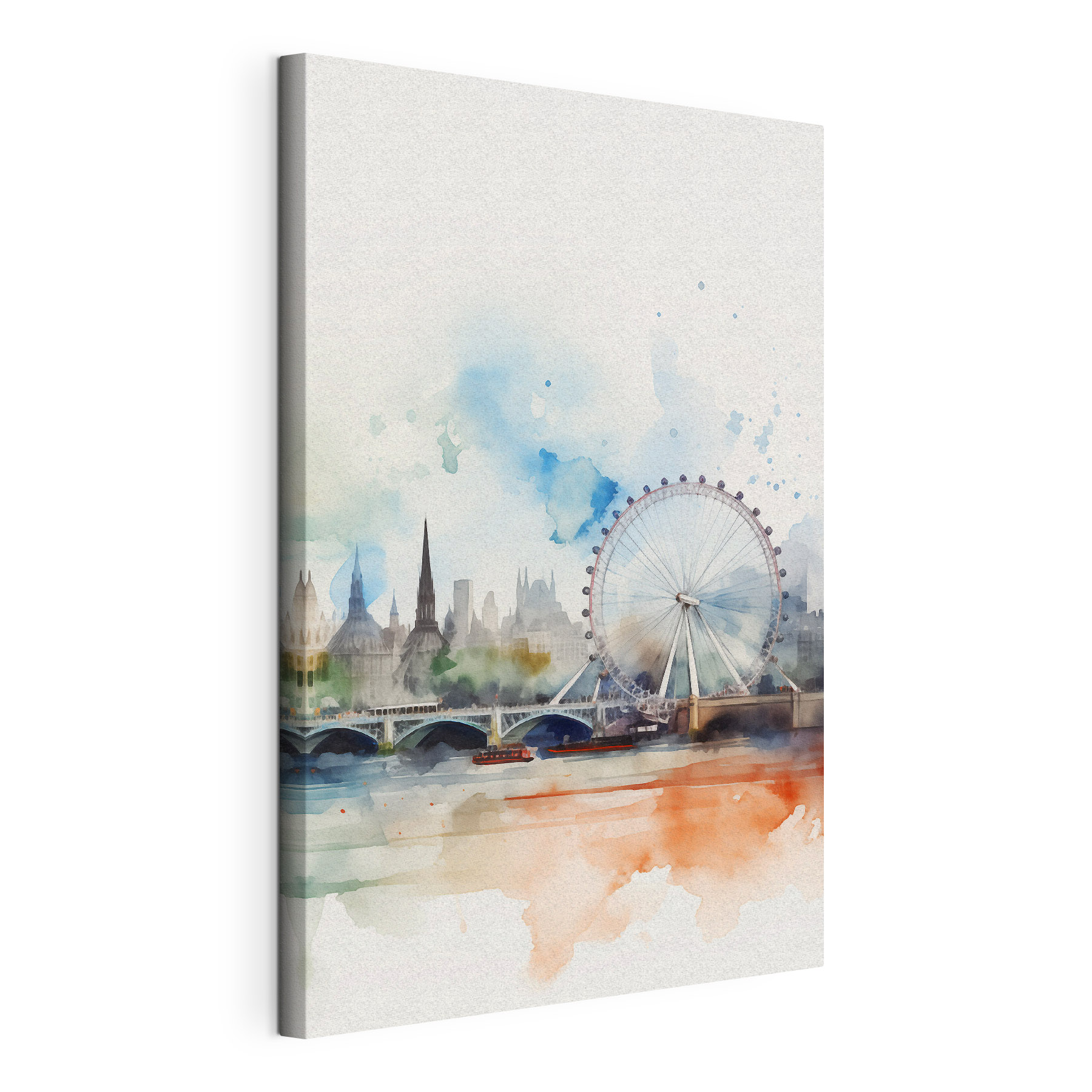 Watercolor of a city with a ferris wheel and a bridge