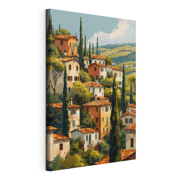 Gruppo di case con alberi e colline sullo sfondo Quadri Gruppo di case con alberi e colline sullo sfondo