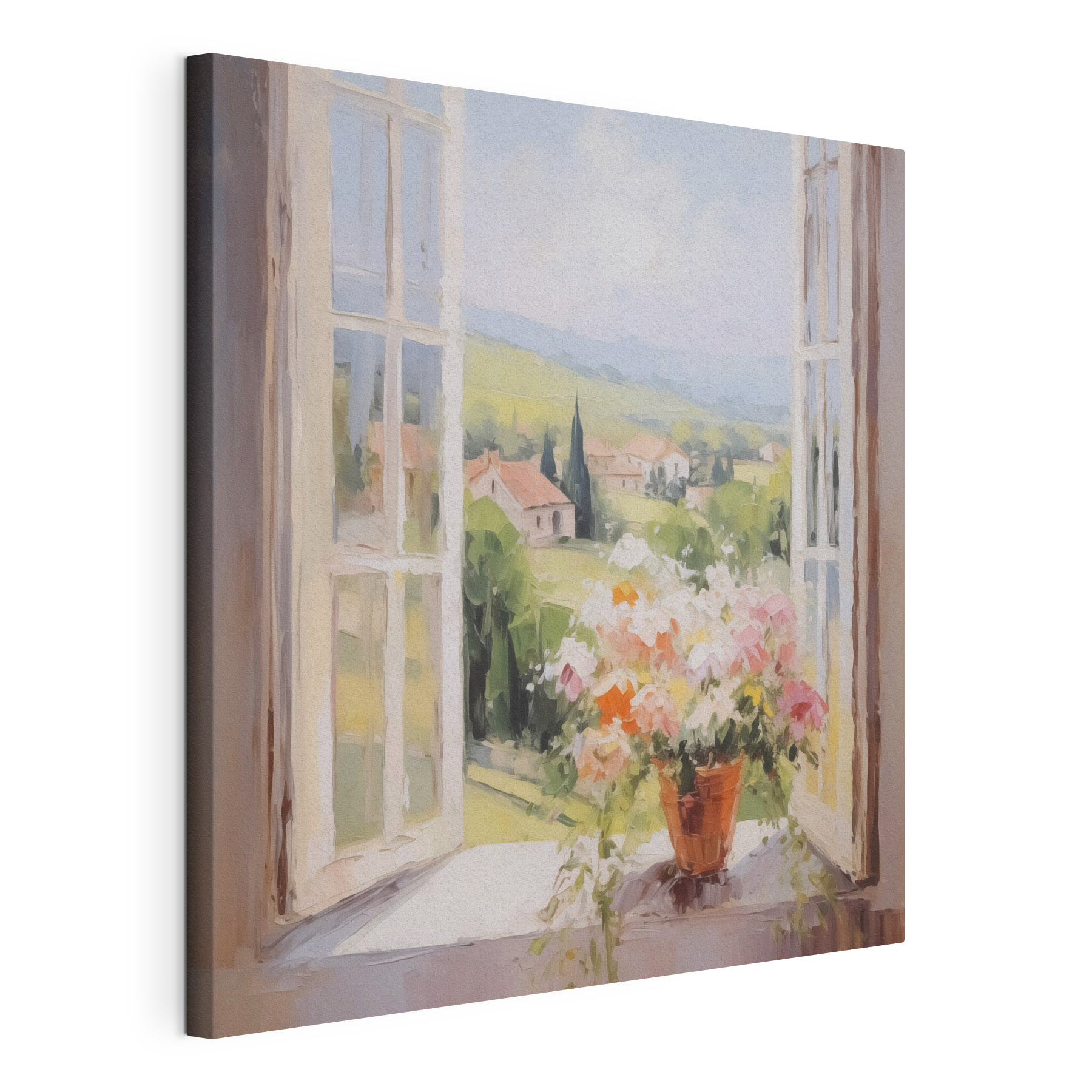 Painting of a window with flowers in it