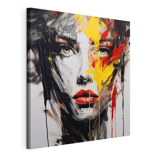 Dipinto raffigurante il volto di una donna realizzato con colori rosso, giallo e nero Quadri Dipinto raffigurante il volto di una donna realizzato con colori rosso, giallo e nero