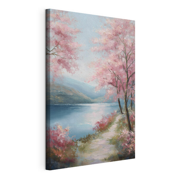 Dipinto raffigurante un lago con alberi rosa e montagne Quadri Dipinto raffigurante un lago con alberi rosa e montagne