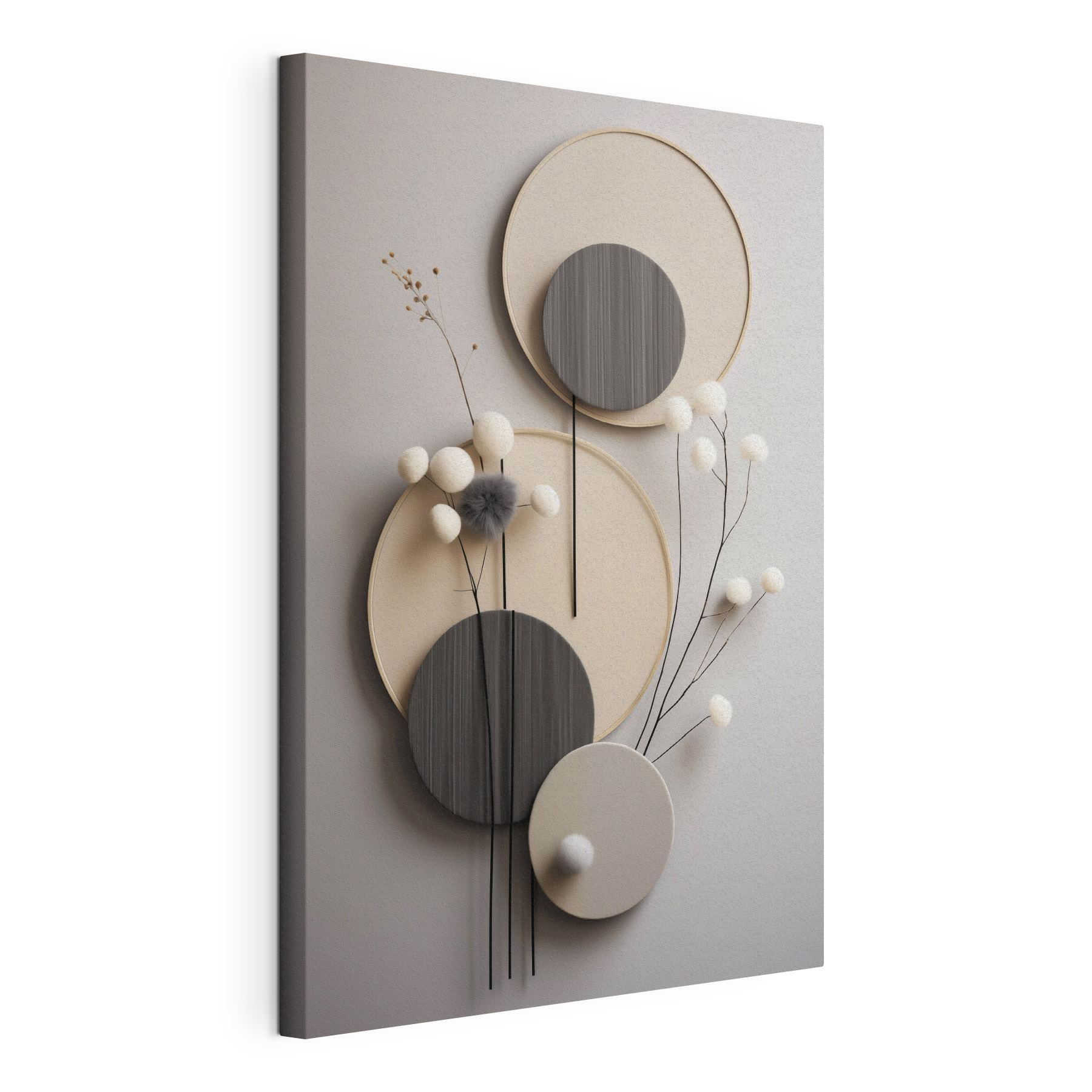 Wall decoration with round circles and white flowers