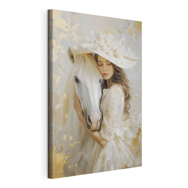 Donna in abito bianco e cappello che abbraccia un cavallo Quadri Donna in abito bianco e cappello che abbraccia un cavallo