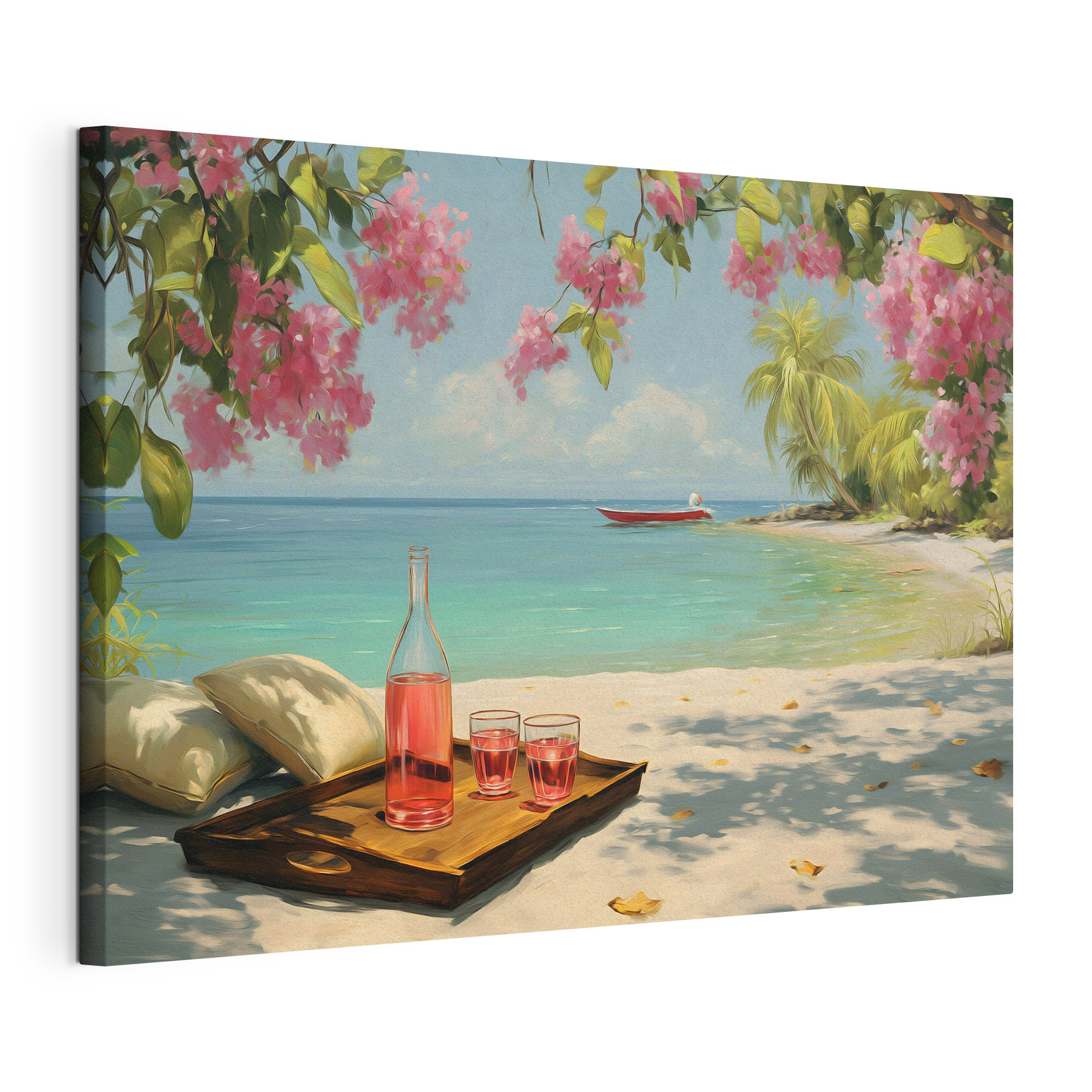 Tray with glasses and a bottle of liquid on a beach