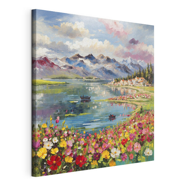 Dipinto raffigurante un lago con fiori e montagne sullo sfondo Quadri Dipinto raffigurante un lago con fiori e montagne sullo sfondo