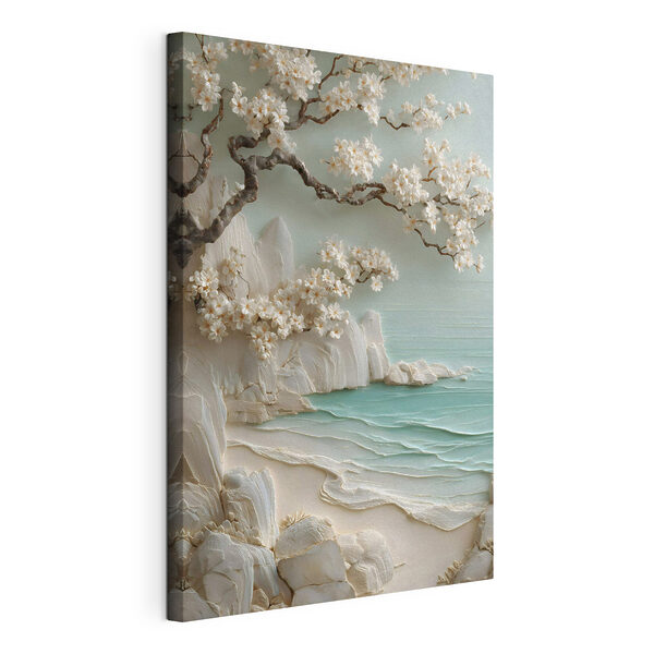 Dipinto raffigurante una spiaggia con fiori bianchi e un albero Quadri Dipinto raffigurante una spiaggia con fiori bianchi e un albero