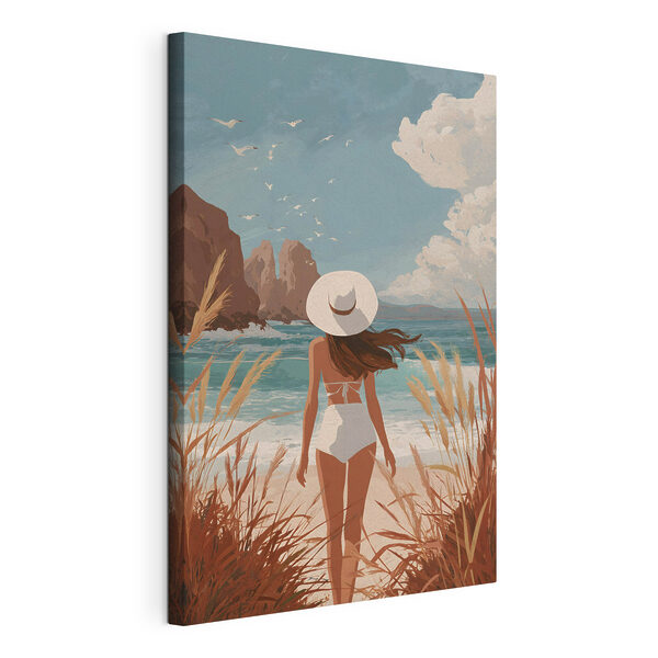 Donna in costume da bagno e con un cappello che cammina sulla spiaggia Quadri Donna in costume da bagno e con un cappello che cammina sulla spiaggia