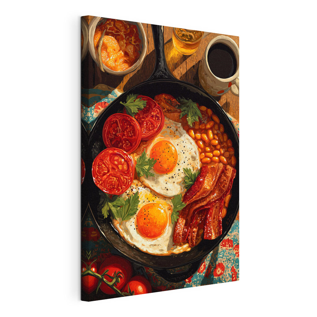Pan of food with eggs bacon beans and tomatoes