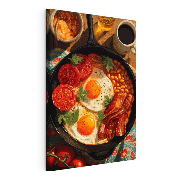 Padella con uova, pancetta, fagioli e pomodori Quadri Padella con uova, pancetta, fagioli e pomodori