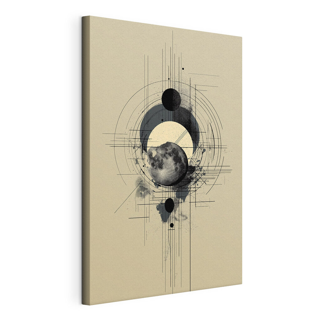 Black and white drawing of a moon and circles Black and white drawing of a moon and circles