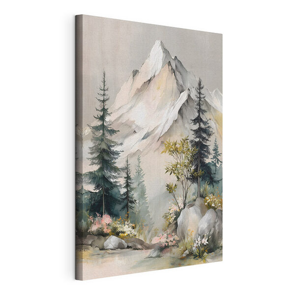Painting of a mountain with trees and flowers