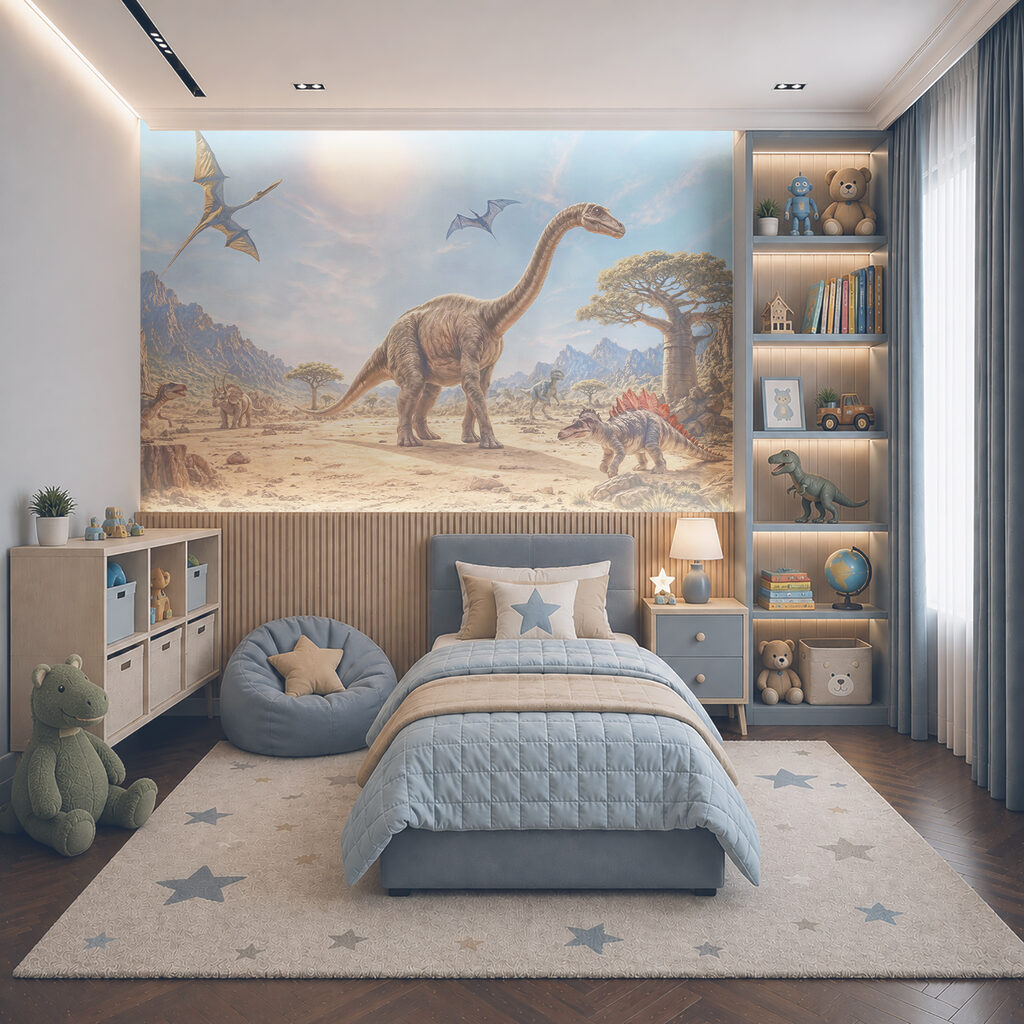 Gruppo di dinosauri nel deserto