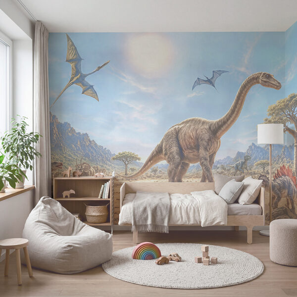 Gruppo di dinosauri nel deserto