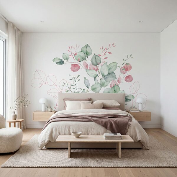 Acquerello raffigurante foglie verdi e rosa Acquerello raffigurante foglie verdi e rosa