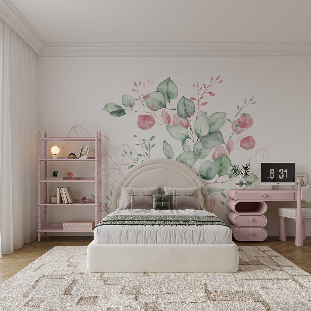 Acquerello raffigurante foglie verdi e rosa Acquerello raffigurante foglie verdi e rosa