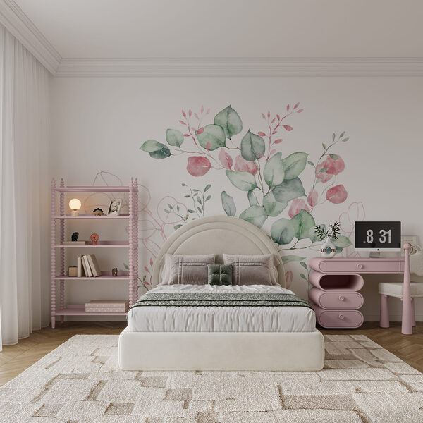 Acquerello raffigurante foglie verdi e rosa Acquerello raffigurante foglie verdi e rosa